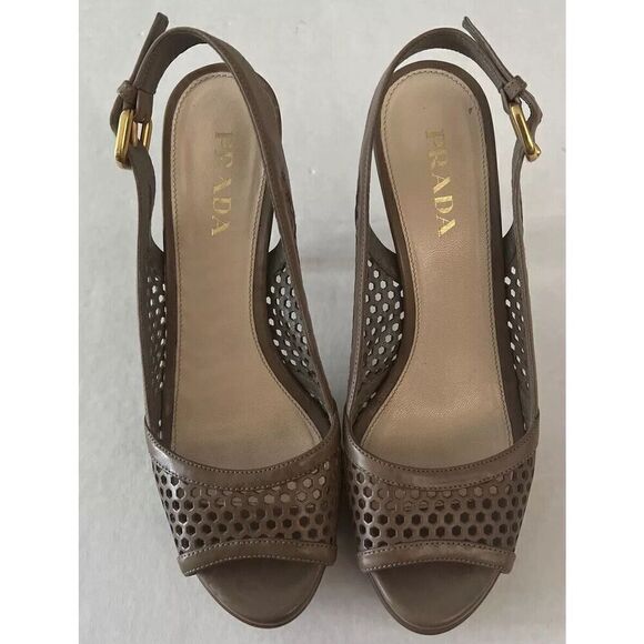 PRADA Sz 36.5 EU 6-6.5 US Perforated Peep Toe Platform Slingback Sandals Neutral - Picture 1 of 11